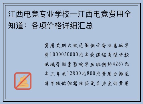 江西电竞专业学校—江西电竞费用全知道：各项价格详细汇总